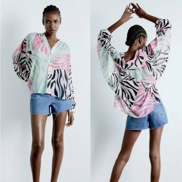 NEW Zara Semi Sheer Pink Zebra Pattern Blouse Top- Size M Oversized - Picture 3 of 16